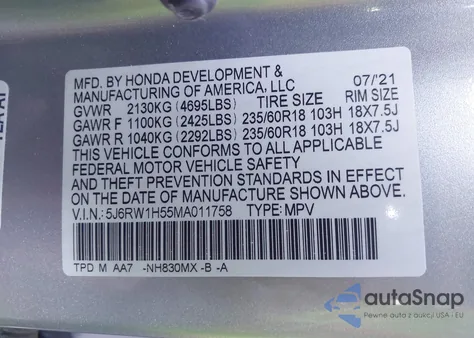 2021 Honda Cr-V 2Wd Ex z USA, uszkodzony, nr VIN 5J6RW1H55MA011758
